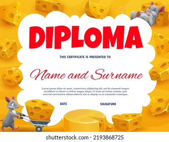 Kids diploma, maasdam, emmental cheese and cartoon mouse, vector education certificate. School appreciation diploma award with cheese heads and mice with wheelbarrow, kindergarten achievement award