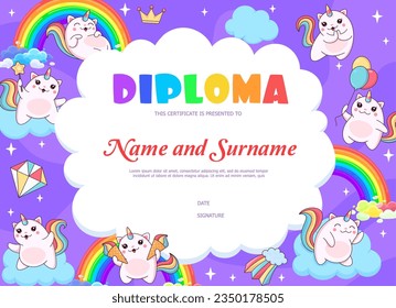 Kids diploma with magic caticorn cat and kitten cute characters on clouds. Education achievement, competition winner vector award or child diploma with magic creatures, cute caticorn personages