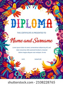 Diploma infantil. Colibrí mexicano, loro y adornos florales vectoriales. Certificado o diploma escolar con aves mexicanas en flores tropicales