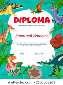 Kids diploma with prehistoric cartoon dinosaurs and baby dino in egg vector background frame. Funny alectrosaurus, lexovisaurus, parasaurolophus jurassic animals, preschool kids diploma certificate