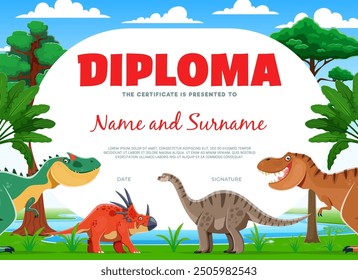 Diploma de niños con dinosaurios prehistóricos o personajes divertidos de dinosaurios, Plantilla de certificado de Vector. Taller escolar para niños o certificado de diploma de clase de educación de jardín de infantes con dinosaurios en el parque jurásico