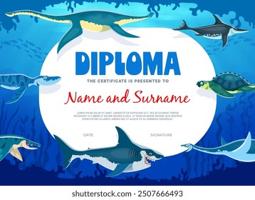 Diploma de niños con dinosaurios submarinos prehistóricos para el certificado de educación, Plantilla de fondo de Vector. Certificado de diploma de escuela o taller de jardín de infantes con dinosaurios acuáticos prehistóricos