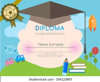 Kids diploma preschool certificate elementary school design template background. vector illustrator