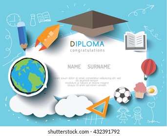 Kids diploma preschool certificate elementary school design template background. vector illustration
