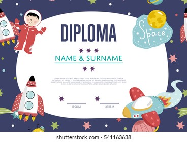 Kids diploma. Preschool kindergarten or elementary school kids diploma certificate with galaxy space design illustration. Graduation backdrop with vector astronaut and spaceship shuttle
