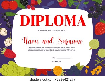 Kids diploma with ripe forest and garden berries. Vector certificate with blueberry, grape, blackberry, rosehip, strawberry or cloudberry. Black currant, sea buckthorn, cherry, raspberry or honeyberry