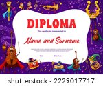 Kids diploma, sound and music waves, mage and wizard musical instrument characters, vector education certificate. Kindergarten appreciation award with cartoon violin sorcerer, harp and drum magicians