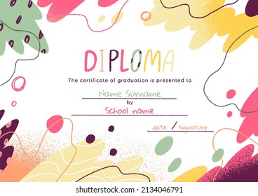 Kids diploma template with abstract creative elements. Kindergarten and school childs certificate design with background for text. Graduation document, cute paper. Colored flat vector illustration