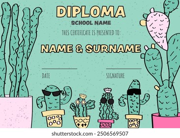 kid's diploma template with adorable cacti for preschool, kindergarten, and middle school graduation.