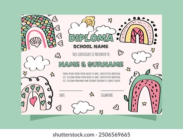 kid's diploma template with boho rainbows for preschool, kindergarten, and middle school graduation.