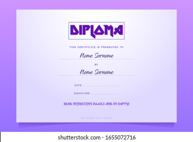 Kids diploma template, book gift certificate, preschool or kindergarten graduation border design with colorful typography on white and purple background. Cartoon vector illustration