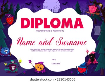 Kids diploma template. Cartoon Halloween berry wizards at night cemetery. Education school or kindergarten vector certificate with strawberry, raspberry, blueberry, blackberry, cloudberry or cranberry