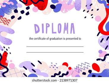 Kids diploma template. Childrens certificate design with background for text and creative abstract geometric elements, shapes. Cute graduation document. Colored flat graphic vector illustration