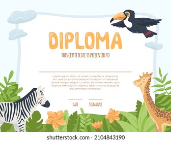 Plantilla de diploma para niños con animales de safari bonitos. Certificado para jardines de infancia, grados primarios con tocan en el cielo, cebra y jirafa en hojas verdes tropicales. Fondo de verano. Impresión de dibujos animados