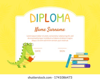 Kids Diploma Template, Educational Certificate for Children with Cute Reading Crockodile Cartoon Vector Illustration