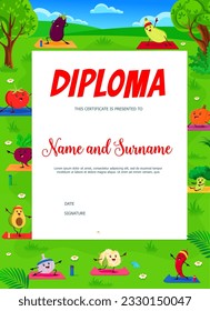 Kids diploma template. Funny vegetable characters on yoga. Education school certificate with vector cartoon avocado, pumpkin, squash, tomato and broccoli. Beetroot, cauliflower, chili pepper or garlic