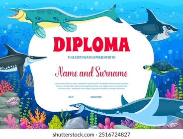 Kids diploma with underwater prehistoric dinosaurs. Colorful vector school or paleontology classes certificate features ancient marine creatures in ocean background with coral reefs and aquatic plants