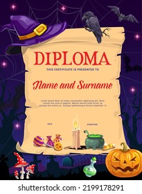 Kids diploma vintage scroll. Halloween witch spell with hat. Child achievement vector certificate or education award with sorcerer hat, crow, bat and creepy pumpkin lantern, magic potion cauldron