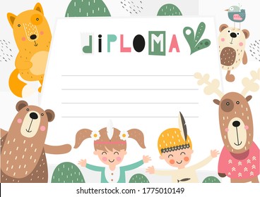 Kids diploma with woodland animals and Indian child for school, preschool, kindergarten. Children’s certificate in forest life theme. Vector illustration.