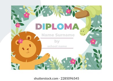 Kids diploma with woodland animals and Indian child for school, preschool, kindergarten. Childrens certificate in forest life theme. Vector illustration.