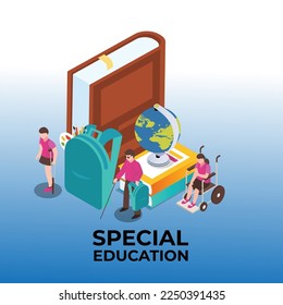 Kids with disability learning 3d isometric vector illustration concept for banner, website, landing page, ads, flyer template