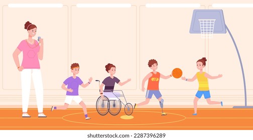 Kids with disability sport. Cartoon kid and friends playing basketball, coach training children in wheelchair special need health recovery program splendid vector illustration of rehabilitation