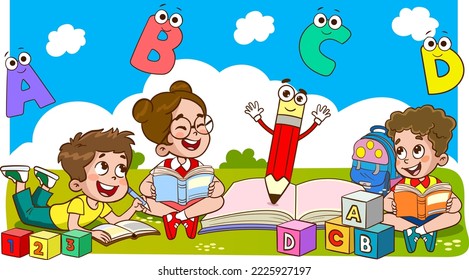 kids discussing homework and reading books together.Vector Illustration of Child Education
