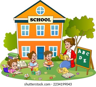 kids discussing homework and reading books together.Vector Illustration of Child Education