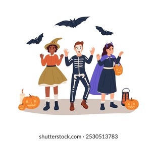 Crianças disfarçadas de bruxa, esqueleto, vampiro, diabo. Crianças em trajes de carnaval para a festa de Halloween. Meninas e meninos engraçados com roupas assustadoras. Ilustração de vetor isolado plano sobre fundo branco