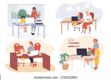 Kids Distance Learning, Online Education In Room. Homeschooling, E-learning Service, Education Software. Mother Help Junior Child Studying Scene Set. Internet Class. Stay At Home Reduce Infection Risk