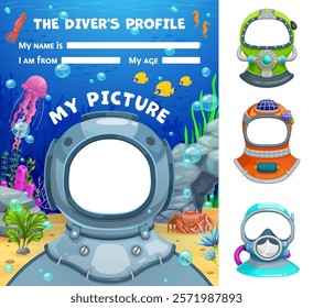 Kids diver profile form. Cartoon vector template for the little frogman questionnaire with photo frame scuba gear helmets and line for personal information, name and age. Adventure game in underwater