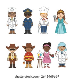 Kids diverse career professions characters set