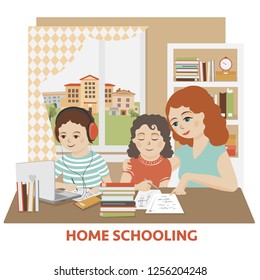 Kids do homework with mom at home. Home schooling.