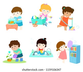 Kids do housework vector illustration set.