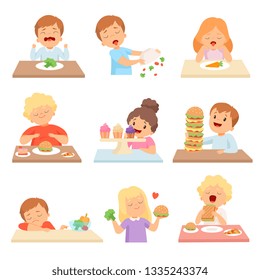 Kids Do Not Like Vegetables Set, Cute Boys and Girls Enjoying Eating of Fast Food and Sweets Vector Illustration