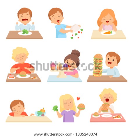 Kids Do Not Like Vegetables Set, Cute Boys and Girls Enjoying Eating of Fast Food and Sweets Vector Illustration