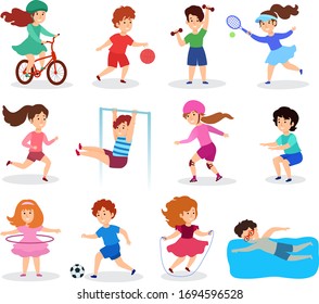 Los niños hacen deporte, ilustración vectorial, estilo plano. Caracteres infantiles, aislados en blanco, practicando diferentes deportes, actividades físicas y juego. Secciones de deportistas para niños y niñas.