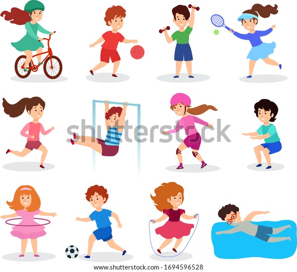 子どもはスポーツ ベクターイラスト フラットスタイルをしています 白い背景に子どものキャラクターが さまざまなスポーツ 運動 遊びを練習します 少年少女向けのスポーツマンセクション のベクター画像素材 ロイヤリティフリー