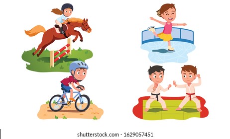 Kids do sports illustration set. Boys, girls sportsman. Children equestrian riding horseback horse jumping, cyclist on bicycle, figure skating skater, karate fighters fighting. Flat vector characters