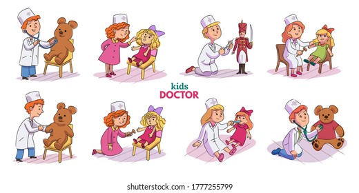 Kids doctor set. Cute children play pediatrician with toys. Boy, girl in medical uniform do medical procedures: listens to stethoscope, checks throat, makes injection. Vector character illustrations