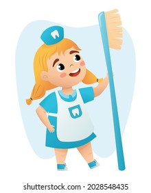 Kids doctor teeth with a toothbrush. Cute children vector illustration with little girl in a blue nurse coating and apron. Kids clinic for dental health with a kind doctor character