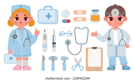 Kids doctor toys, boy and girl in medical uniform. Cartoon stethoscope, syringe, thermometer, pill and plaster for hospital play vector set. Children with medical equipment for treatment