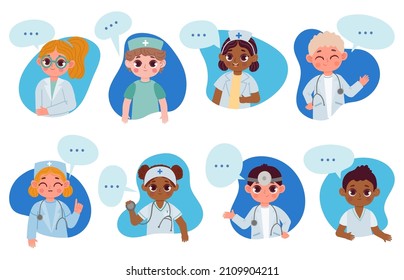 Kids doctors characters with speech bubble, medical health info. Cartoon children nurse, dentist, physician talk about healthcare vector set. Children specialists with speaking balloons