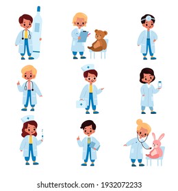 Kids doctors. Little girl and boys in medical uniform hold thermometer, pills and syringe collection, happy children play doctors and nurses, children examine and treat toy vector cartoon isolated set