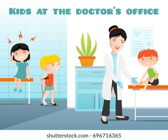 Kids at doctors office cartoon vector illustration with pediatrician and crying sick boy and girl flat vector illustration