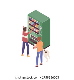 Kids with dog buying snacks at vending machine vector isometric illustration. Children choosing junk food and sweet together isolated on white. Funny friends use modern self service interactive kiosk