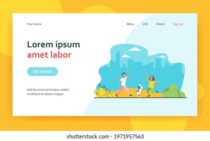 Kids and dog dancing in rain in park. Happy children with pet having fun outdoors. Flat vector illustration. Childhood, outdoor activities concept for banner, website design or landing web page