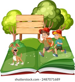 Kids and dog exploring a magical book