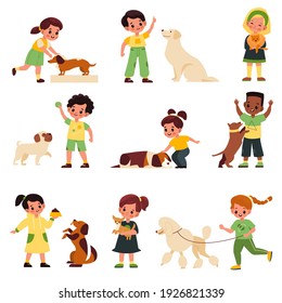 Kids with dogs. Children with different dog breeds poodle and labrador, pug and dachshund, little pet owners, boys and girls playing, feeding and care with domestic animals vector cartoon isolated set