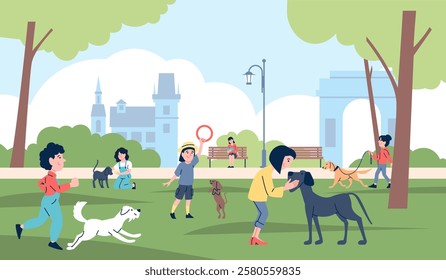 Kids with dogs in park. Outdoor active time with pets. Children training dog, play, running and hugging puppies. Friendship people and animals, recent vector scene